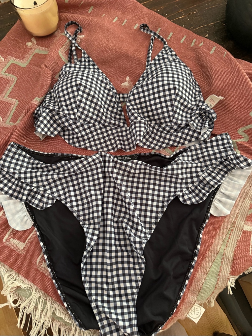 Nasty Gal Black & White Gingham Ruffle Bikini